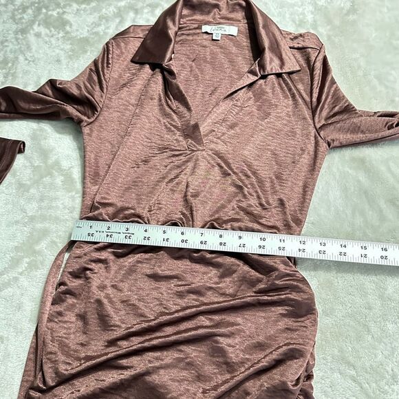 Louna Ruched Knee Length Dress Women's XS Brown Jersey Long Sleeve V-Neck RTR - Picture 11 of 14